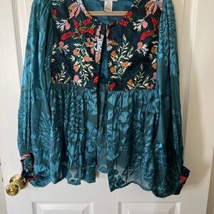 Ania.A Teal Sheer Embroidered Blouse – Size M